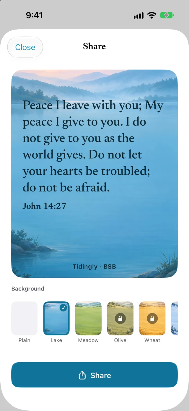 Share screen with John 14:27 on a painted lake background and a row of backgrounds
