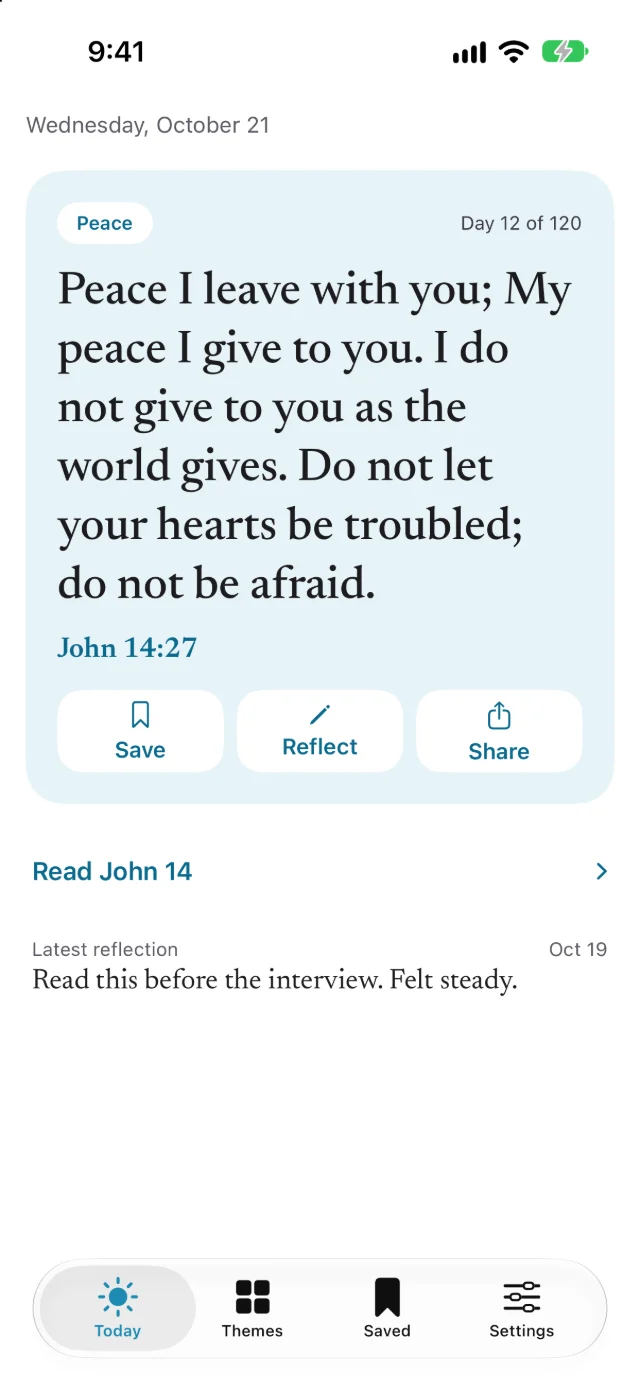 Tidingly Today screen showing John 14:27 with Save, Reflect and Share